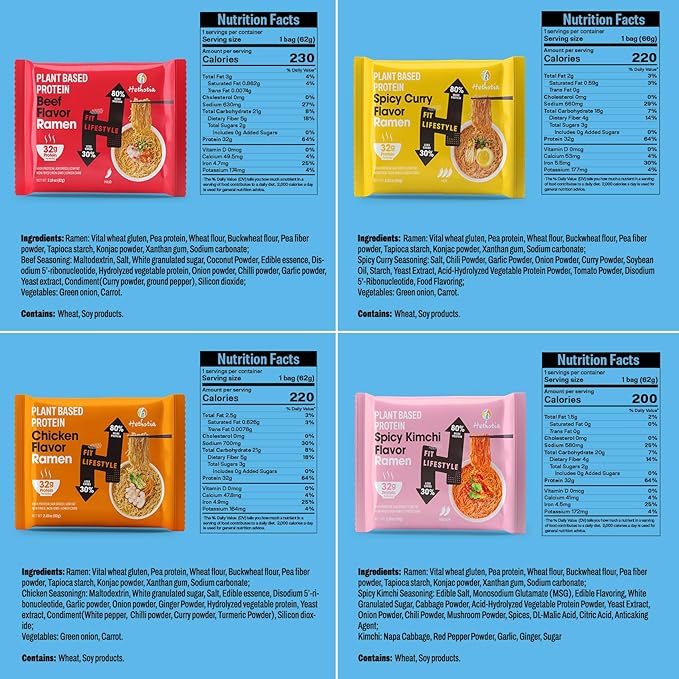 Hethstia High-Protein Ramen Variety Pack 8-Pack Instant Ramen Noodle Soup (Chicken Beef Spicy Kimchi Spicy Curry) 32g Plant-Based Protein Vegan Non-GMO Low Fat Pre-Packaged Quick Meal