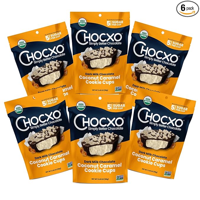Chocxo Dark Milk Coconut Caramel Cookie Cups - Lower Sugar Organic NonGMO Keto Gluten Free Kosher. 58% Cacao No Artificial Sweeteners/Sugar Alcohols 3.45 oz (Pack of 6)