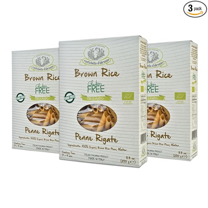Rustichella d'Abruzzo Organic Brown Rice Penne Rigate (Pack of 3) 250g Each - Gluten-Free Pasta with Delicious Flavor - Artisan Crafted from Abruzzo