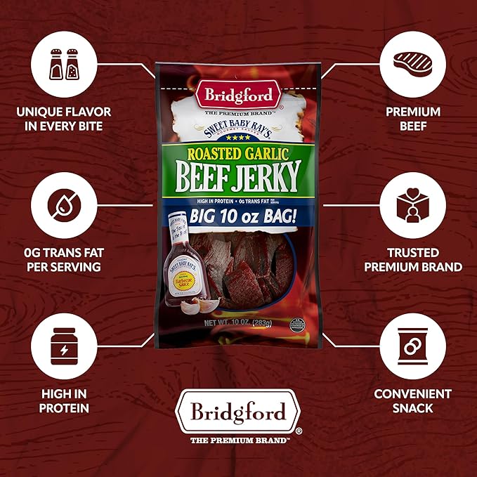 Bridgford Sweet Baby Ray's Beef Jerky Roasted Garlic 10 oz Pack of 6 - Healthy High Protein Beef Jerky for Your Dietary Preferences - Ready-to-Eat Snacks for On-The-Go Snacking and Busy Lifestyles