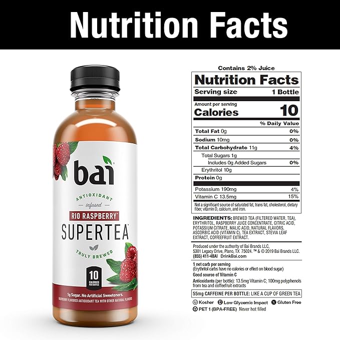 Bai Iced Tea Rio Raspberry Antioxidant Infused Supertea Crafted with Real Tea (Black Tea White Tea) 18 Fl Oz (Pack of 12)