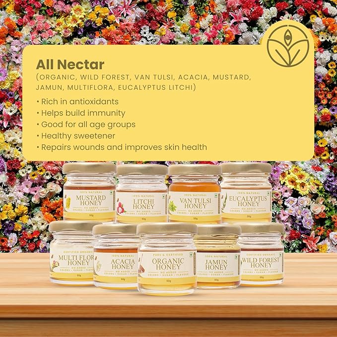 Shiva Organic Natural Nectar Honey Tasters - Pack of 9 | 50g Each | 450g Total | Explore a Variety of Pure Honey Flavors