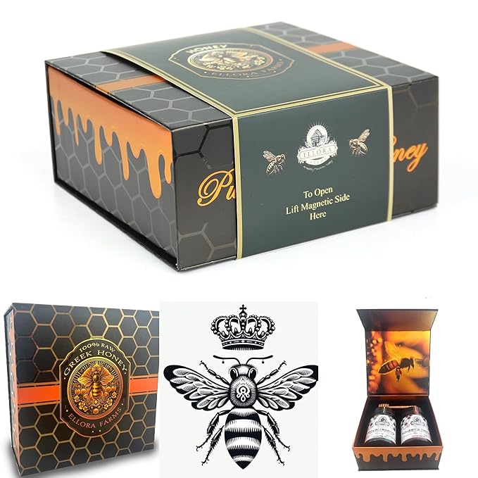 Ellora Farms Greek Honey Bundle – Pine &amp Thyme Raw Honey (450g) + Organic Thyme &amp Orange Blossom Raw Honey (2x1lb) – Single Estate Unfiltered Cold-Pressed Includes Wooden Dippers