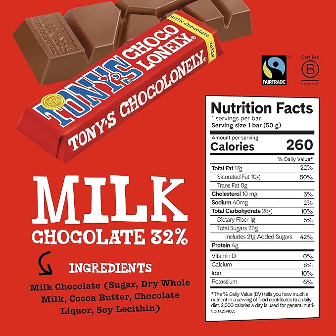 Tony’s Chocolonely Belgian Milk Chocolate Candy Bar Pure Chocolate Bars for Snacks Party Favors Gifts or Gift Basket 32% Cacao Made From Quality Fairtrade Cocoa 20 Bars 1.76 Oz Each
