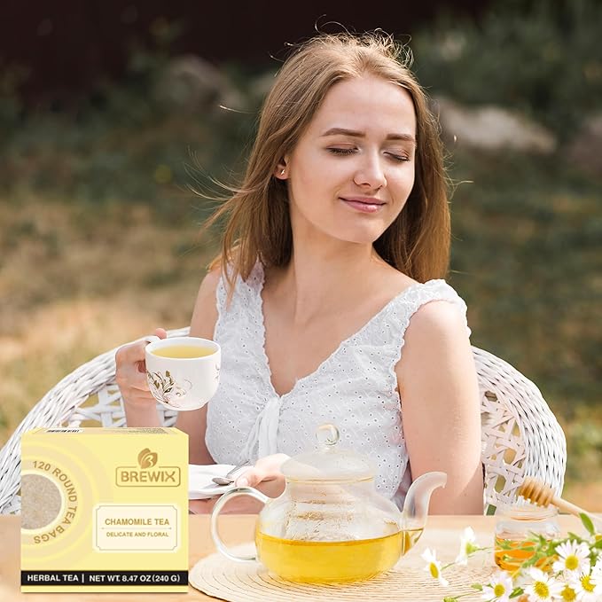 BREWIX Chamomile Tea (120 Round Tea Bag) | Eco-Conscious Tea Bags | Stress Relief Relaxing Calming Supports Healthy Digestion | Caffeine Free | Premium Natural Camille Tea | Herbal Tea