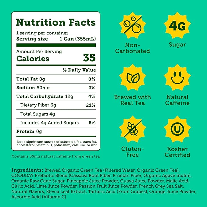 HALFDAY Prebiotic Iced Tea Tropical Tea Supports Digestive &amp Gut Health Plant Fiber &amp Prebiotics Low Sugar 30 Calories Natural Caffeine Gluten Free 12 fl oz (12 pack) Packaging May Var