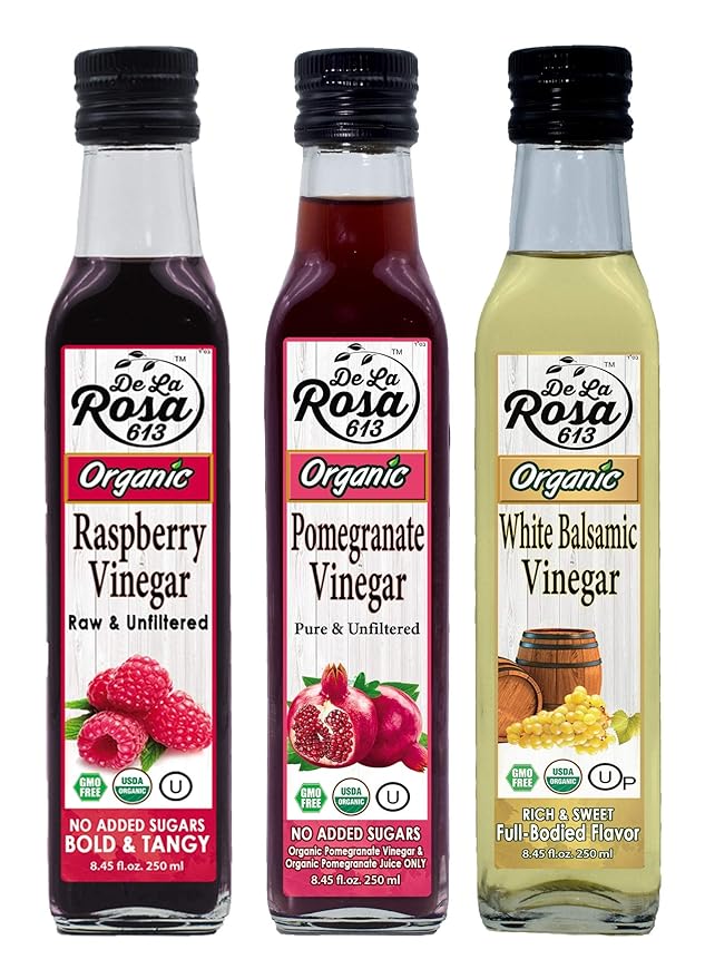 De La Rosa Raspberry Pomegranate &amp White Balsamic Vinegar Vegan Kosher Non-GMO &amp Gluten Free Great for Salad Dressing &amp More 8.45 Oz (Pack of 3)