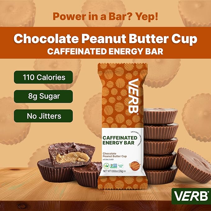 Verb Caffeinated Energy Bars Chocolate Peanut Butter Cup (26g Pack of 16) 110-Calorie Delicious Energy Bar Gluten Free On-the Go Snack with 80mg Green Tea Caffeine Only Real-Food Ingredients