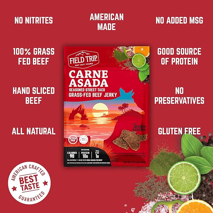 Field Trip Grass Fed Beef Jerky Variety Pack Healthy Gluten Free Snacks All Natural Paleo-Friendly Meat Snacks with No Nitrates Low Carb High Protein Snacks 2.2oz Bag 4 Pack