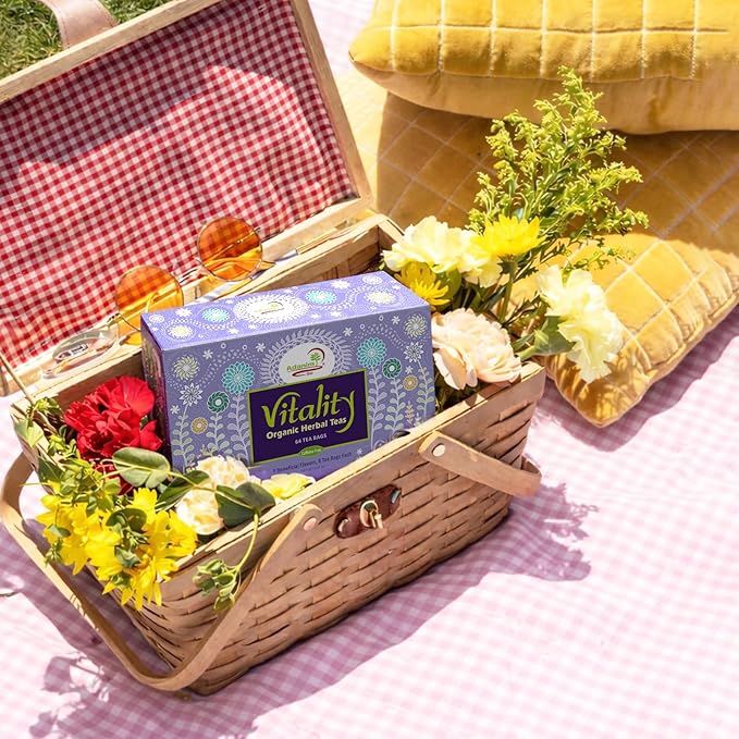 Adanim Bio Vitality Organic Herbal Tea Sampler Gift Box Caffeine Free 8 Unique Flavors for Tea Lovers 64 Individually Wrapped Tea Bags Variety Pack Tea Set