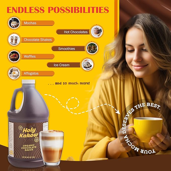 Holy Kakow Organic Chocolate Syrup - Organic Chocolate Sauce Organic Add to Mochas Waffles &amp Ice Cream Made with Colombian Sugar Real Food Ingredients Specific Flavor - 64oz