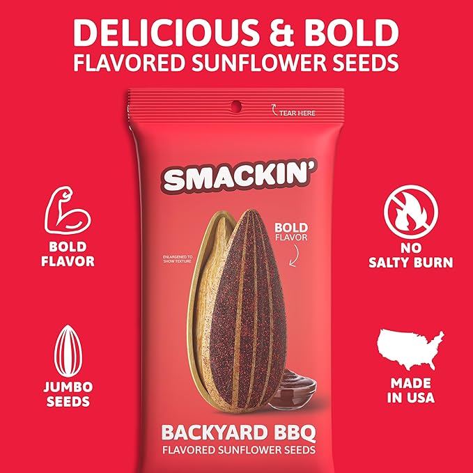 SMACKIN' Sunflower Seeds Roasted Jumbo Small-Batch American Made - Backyard BBQ. 1.5oz bags (36 Pack)
