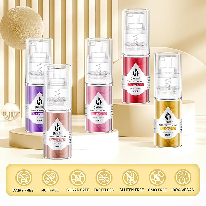 Edible Glitter Spray - Herbeklab 5 Colors Gold Rose Gold Pink Red Purple Edible Spray Glitter Food Grade Metallic Shimmer Powder Cake Sprinkles for Cookie Decorating Chocolate Strawberry 5g/Bottle