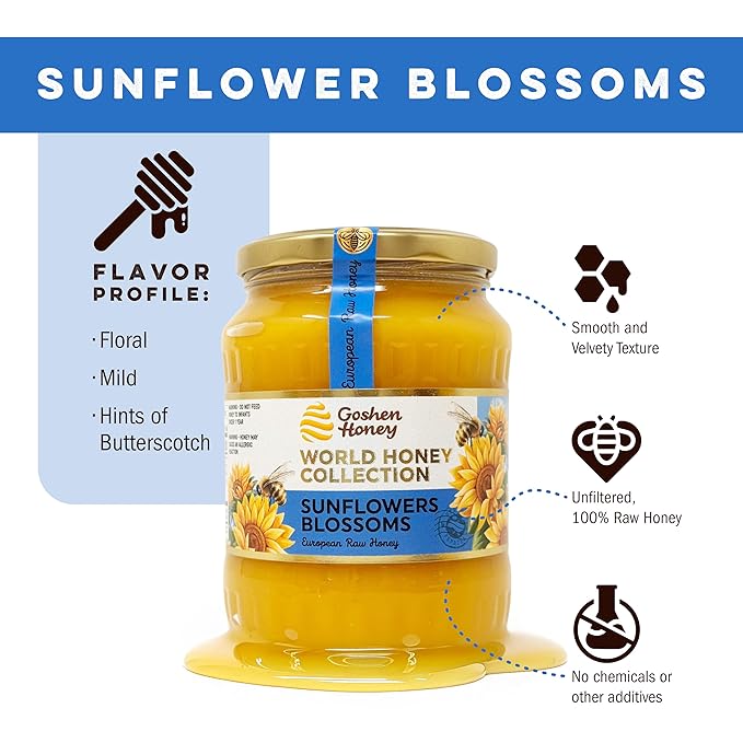 Goshen World Honey Collection - Sunflower Blossoms from Ukraine - Raw Rare and Sustainable Floral Sources - Derived from Natural Flower Nectar with Antioxidants - Nature's Sweetener - 32oz