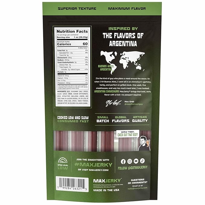 MaxJerky Argentina Chimichurri Beef Sticks – Herb-Seasoned Gourmet Jerky Snack – High Protein Low Calorie Gluten Free Snack - 10 Ounces