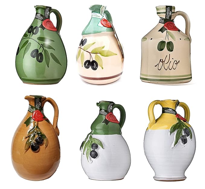 Two (only) of GALANTINO Extra Virgin Olive Oil in Hand Painted Ceramic Amphora You Get Two Jugs from The Six Shapes and Styles 17 Ounce (500ml) A loaf of Bread a jug of Olive Oil and Thou