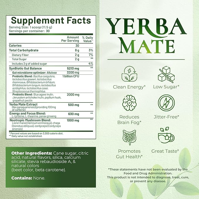 Yerba Mate Instant Tea Powder - 3-In-1 Super Drink - Clean Energy - Formulated With Nootropics To Boost Focus &amp Clarity - With Prebiotics &amp Probiotics To Boost Gut Health | Strawberry Matcha -