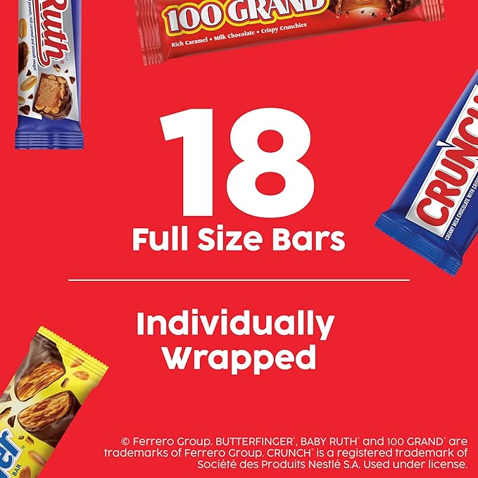 Assorted Butterfinger Crunch Baby Ruth and 100 Grand Full Size Chocolates 18 count 31.2 oz