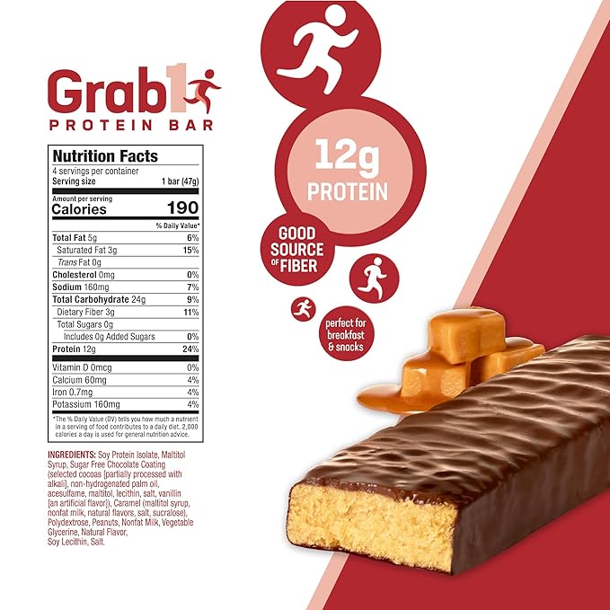 Grab1 Sugar Free Protein Bars Caramel Deluxe (3 Pack- 12 Bars) | Delicious and Nutritious | Low Calorie | Only 1g Sugar