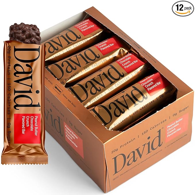 David Bronze High Protein Bars - Peanut Butter Chocolate Crunch Flavor - 0g of Sugar Low Carb Gluten Free - 20g of Protein 150 Calories - On-The-Go Snack Pack of 12