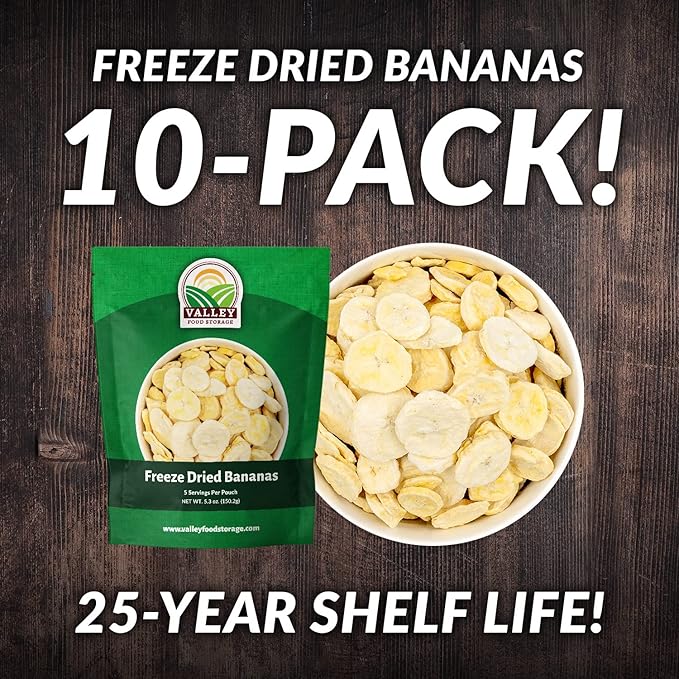 Valley Food Storage Freeze Dried Banana Slices | 10-Bag Bucket 53 oz | Non-GMO Premium Emergency Food Supply 25 Year Shelf Life | Prepper Supplies Survival Food &amp Off-Grid Living | Packaged in