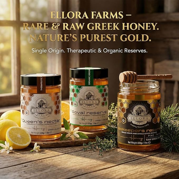 Ellora Farms Greek Honey Single Estate PDO Pine &amp Thyme Raw Honey Unfiltered Beekeepers Reserve Pure Raw &amp Unfiltered Cold-Pressed Gluten Free - 450 g