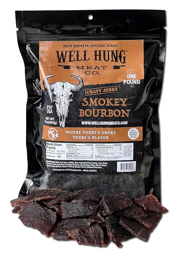 Well Hung Meats Smokey Bourbon Beef Jerky One Pound Resealable Craft Jerky Bag (16oz)