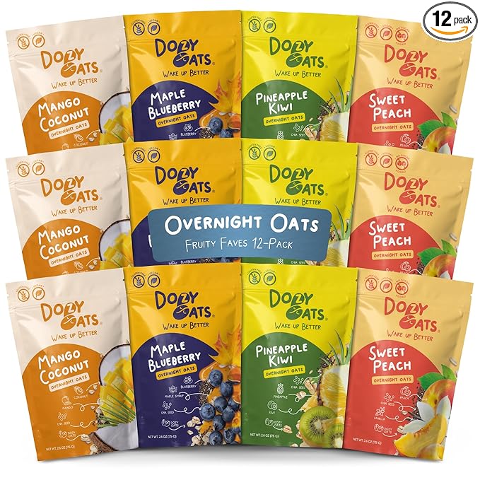 Dozy Oats Overnight Oatmeal Packets Fruity Faves Variety Box with Rolled Oats Chia Seeds Date Powder and Dried Fruit. Gluten-Free Natural Source of Protein and Fiber 12-Pack