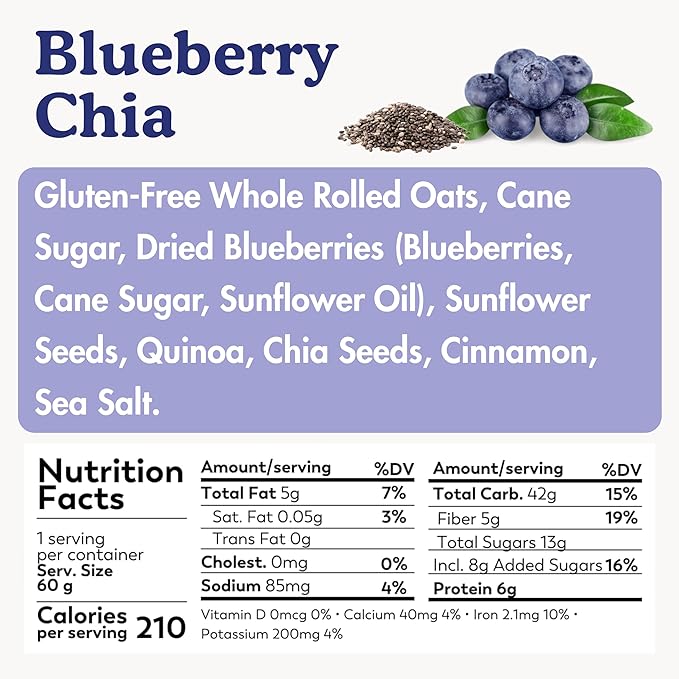 Earnest Eats Superfood Oatmeal Cups - Blueberry Chia – 6g Plant Protein Gluten Free Vegan On-the-Go Breakfast 2.1 Ounces Each (6 Pack)