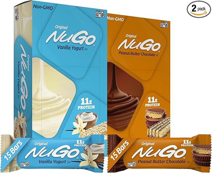 NuGo Original Variety Vanilla Yogurt 15 bars &amp Peanut Butter 15 bars 11g Protein Gluten Free 30 Count