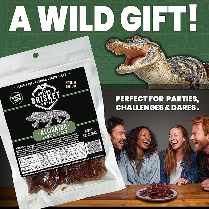 ALLIGATOR JERKY - 100% Gator Meat - Weird Food &amp Exotic Snack - Funny Birthday Present for Him Dad - Bizarre Edible Gift