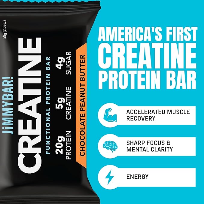 (NEW) JiMMYBAR! Creatine Protein Bar - 5g of Creatine Monohydrate + 20g Protein - High Protein Snack - Supports Muscle Growth Strength &amp Recovery - Real Food Energy Bar for Athletes | Chocolate P