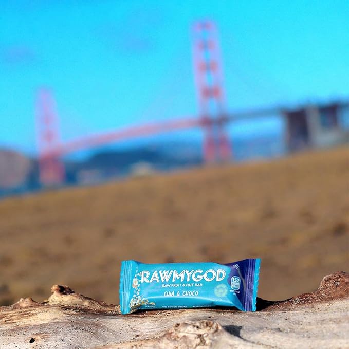 RAWMYGOD Fruit and Nut Bars Good Source of Protein (10g 25% protein content) Gluten Free Vegan No Added Sugar (16 bars Chia &amp Choco)