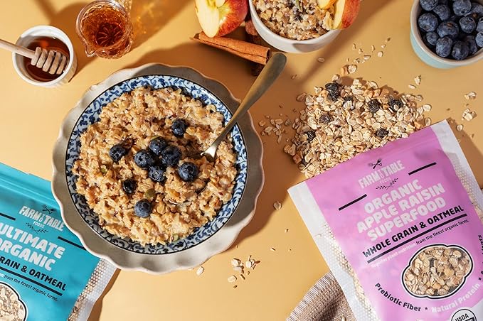 Farm to Table Foods Organic Oatmeal Variety Pack – High-Protein Plant-Based Unsweetened Non-GMO – 3-Pack (Apple Raisin Whole Grain Ultimate Organic)