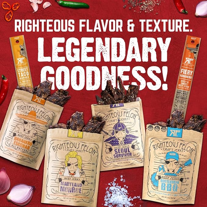 Righteous Felon Beef Jerky &amp Meat Sticks Variety Pack | Gluten Free Beef Jerky Snack Packs for Adults | High Protein Keto Low Sugar | Made with Premium Meats | Gifts for Men | Spicy Jerky 6 Pack