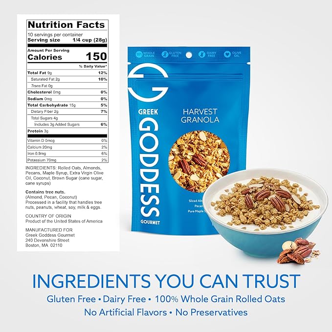 Greek Goddess Gourmet Granola Variety Pack – Baklava Bliss Harvest &amp Maple Oat with Nuts Honey Maple Syrup Coconut &amp Olive Oil – Greek-Inspired Gluten Free Granola 10oz Bags (3-Pack Ass