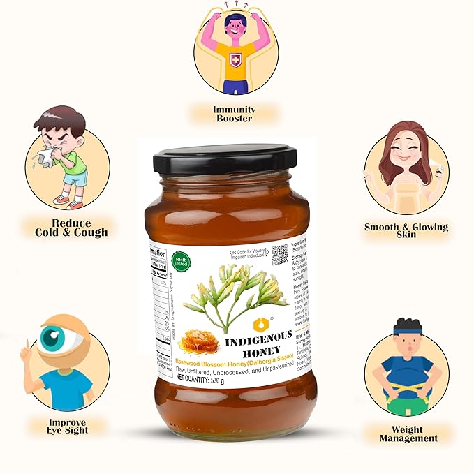 INDIGENOUS HONEY Rosewood Shisham Honey Raw Organic Natural Pure Unprocessed NMR Tested Unpasteurized Unheated 530g Glass Jar Pack of 1