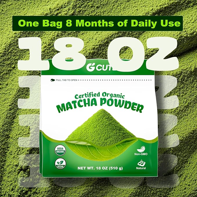 Organic Matcha Powder 18 oz | Natural Drinks Pure Tea Powder | Organic Certification &amp Non-GMO | for Matcha Latte Smoothies Baking and Beverage Preparation | Gluten-Free &amp Vegan