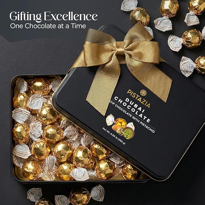 Pistazia Dubai Chocolate Balls – 8.8 oz (250g) – Premium Dubai Chocolate Pistachio Candy Gift Box in Black Metal Tin Real Chocolate