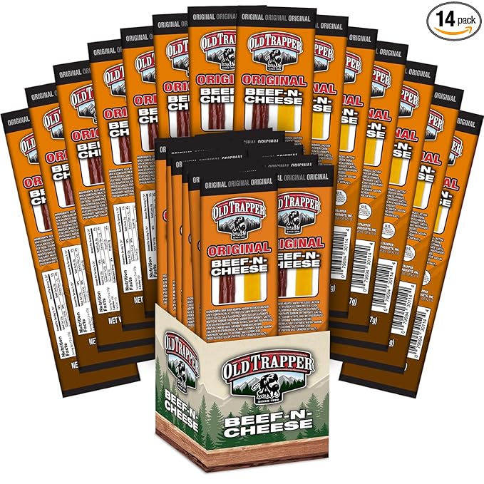 Old Trapper Beef-N-Cheese Original 1.3-Ounce Individual Package Savory Beef Stick and American Cheese Snack Pack Great Snack for Lunch Boxes or Between Meals (Pack of 14)