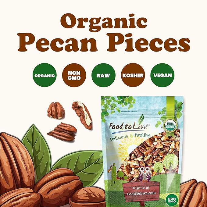 Food to Live Organic Pecan Pieces 1.5 Pounds Raw Chopped Pecans Non-GMO Unsalted Unroasted Kosher Shelled Kosher Vegan Sirtfood Bulk. Keto-Friendly. Good Source of Iron and Calcium