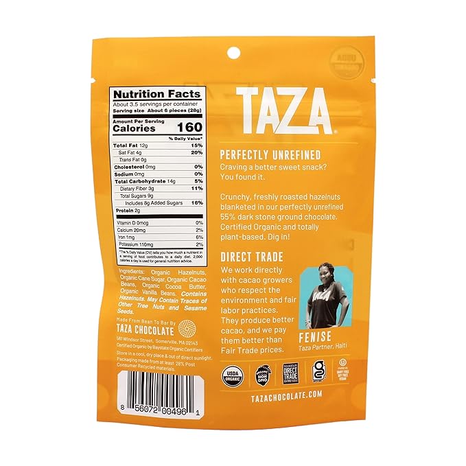 Taza Chocolate Organic Chocolate Covered Hazelnuts 55% Dark Chocolate 3.5 Oz (Pack of 12)
