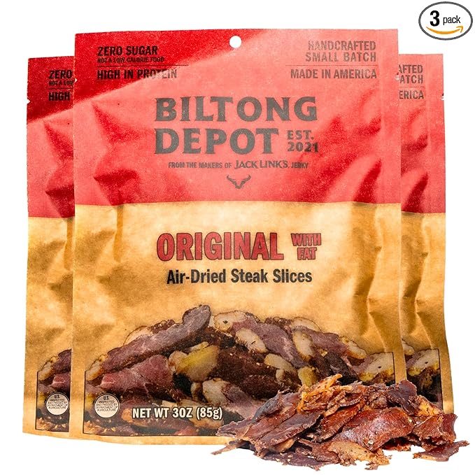 Biltong Depot Original Beef Biltong Slices with Fat Bundle - 3oz (3 Pack) | Air-Dried Beef Jerky Snack | High Protein | Zero Sugar | Keto &amp Paleo Friendly | Gluten Free | No Artificial Preservativ