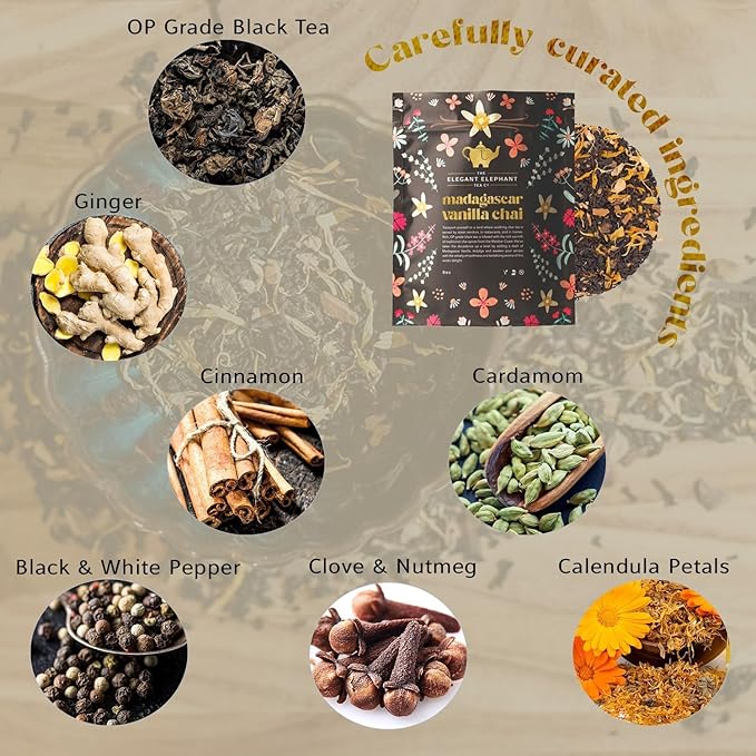 Madagascar Vanilla Chai Tea Organic Loose Leaf Chai Tea – Black Tea with Chai Spice Blend – Great Hot or Iced Chai Latte – 8 oz Resealable Bag (Makes 100 Cups) – The Elegant Elephant