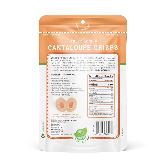 Nature’s Turn Freeze-Dried Cantaloupe Crisps – Healthy Gluten-Free Crispy &amp Delicious Plant-Based Snack Ideal for Cereal Smoothies School Lunches &amp On-the-Go Bags of 6 (1.2 oz Each)