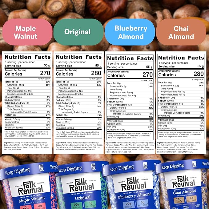 Folk Revival Keto Instant 'Oatmeal' Variety Pack - 20g of Protein Low Carb High Fiber 3 Blueberry 3 Maple Walnut 3 Chai Almond 3 Original - 12 Cups Per Case