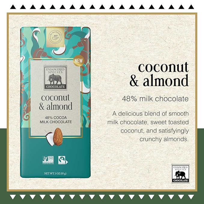Endangered Species 48% Cocoa Coconut &amp Almonds Milk Chocolate Bar Non GMO 3 Ounces (Pack Of 12)