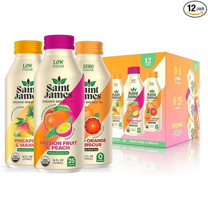 Saint James Iced Tea - Organic Green &amp Black Tea - Non GMO Gluten Free Low Calorie &amp Low Sugar - Paradise Variety Pack 12 Pack (16 fl oz each)