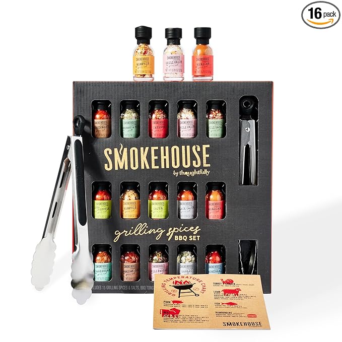Smokehouse by Thoughtfully Grilling Spices BBQ Set Includes BBQ Tongs Magnet and 15 Flavorful Seasoning and Rubs - Great Gift for Holiday Men Dad Husband