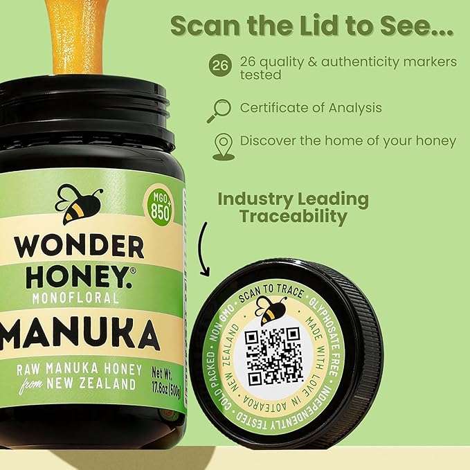 Wonder Honey Raw Manuka Honey New Zealand MGO400 (13+) Tested for 26 Markers Traceable Natural Soothing for Sore Throat Cough - Aids Digestion - Triple Sealed for safety in a Protective Box (1.1lb)